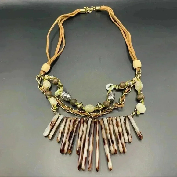 VGT Brown Shell Fringes Wood Metal Coral Statement Tassel Collar Necklace - Picture 1 of 9